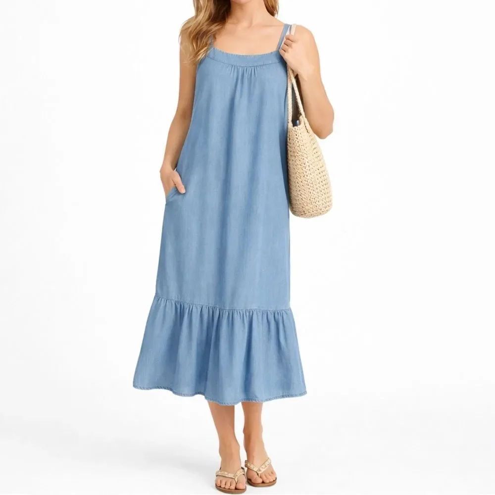 Mango Denim Chambray Blue Sleeveless Ruffle-Hem Midi Dress